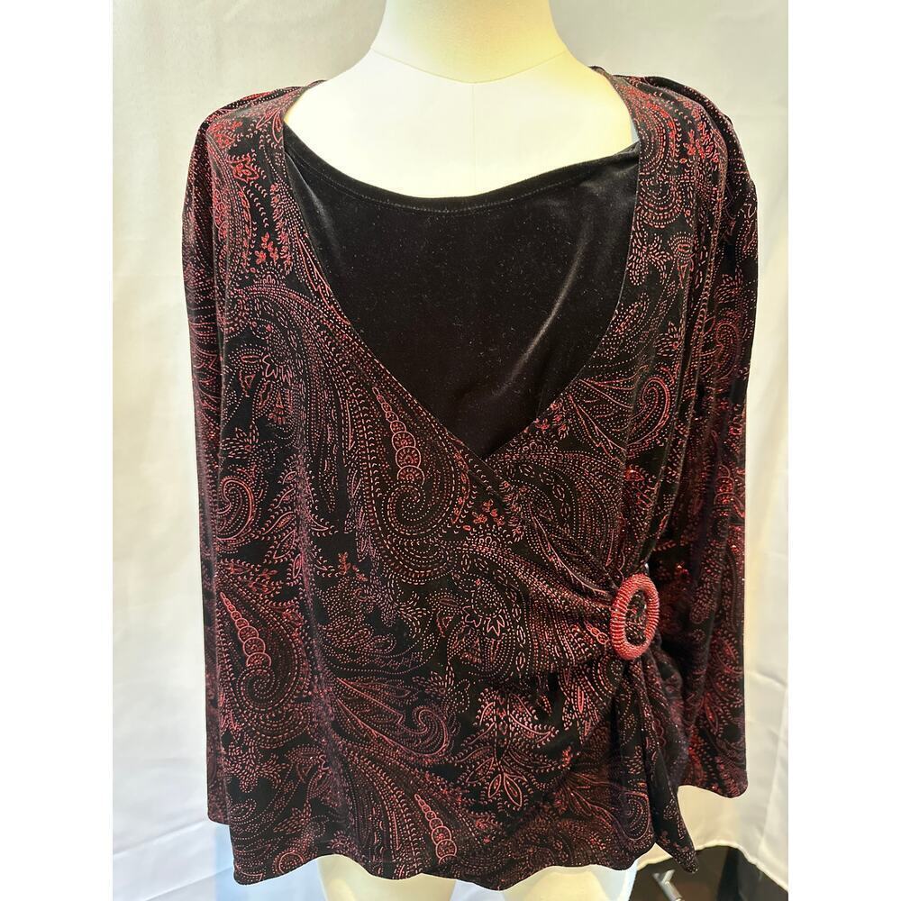 Notations SPARKLY Red and Black Velour Blouse with Side tie piece SZ XL